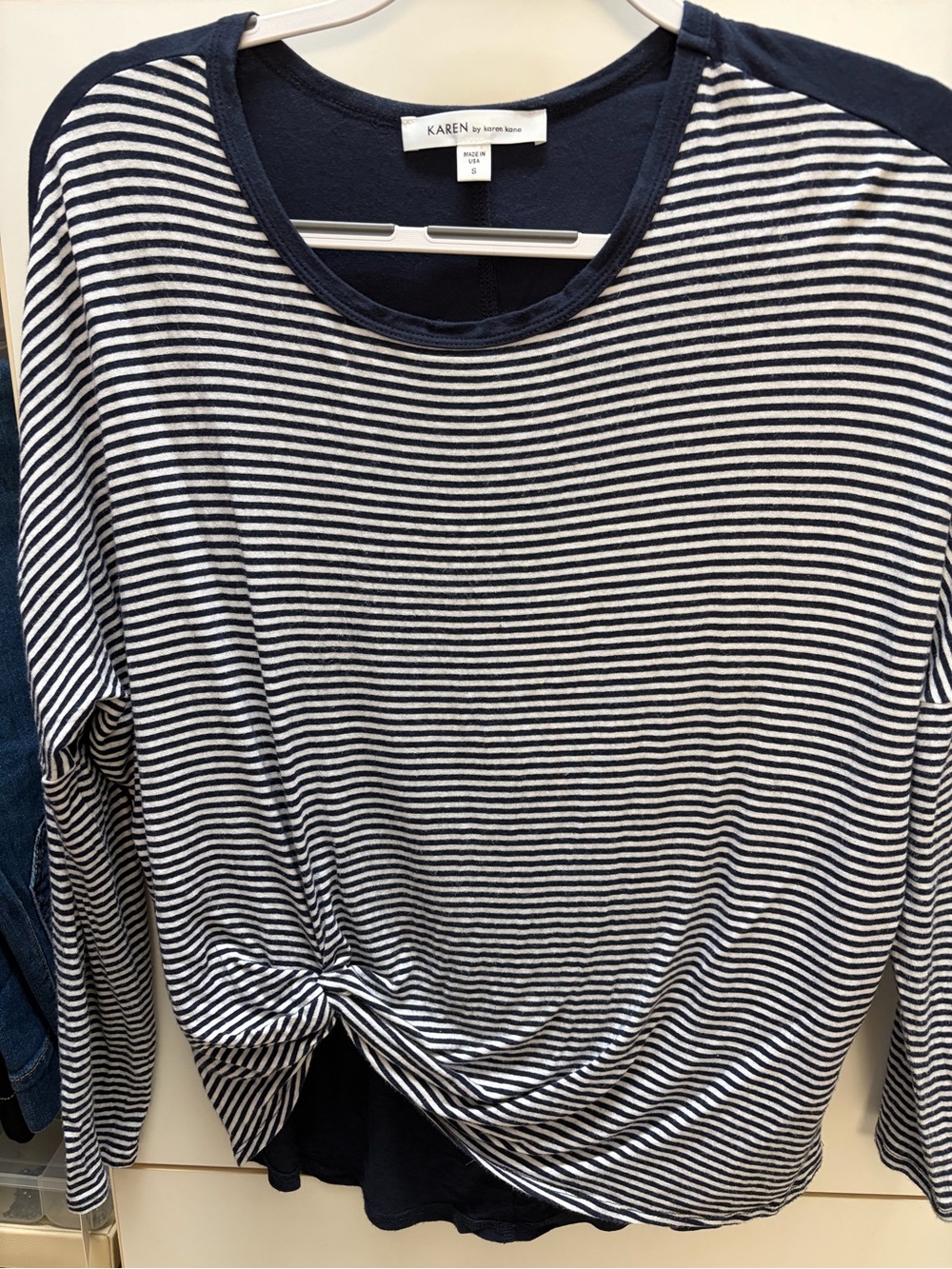Karen Kane Navy and White Striped Long-Sleeve Twist Hem Top